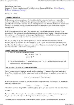 Calculus III - Lagrange Multipliers