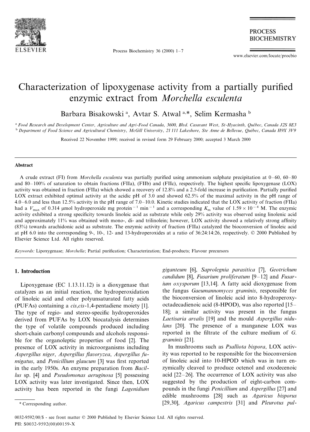 Characterization of Lipoxygenase Activity from a Partially Purified