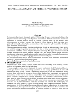 Political Assassination and Nigeria’S 4Th Republic: 1999-2007