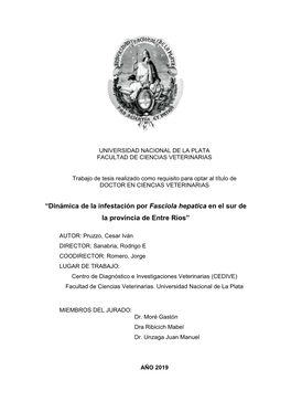 Dinámica De La Infestación Por Fasciola Hepatica En El Sur De La Provincia De Entre Ríos”