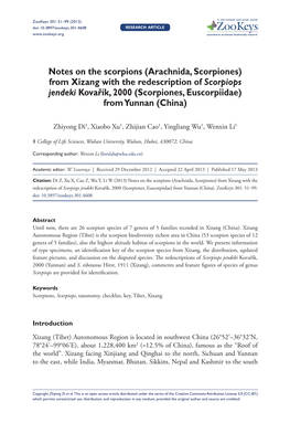 Notes on the Scorpions (Arachnida, Scorpiones) from Xizang with the Redescription of Scorpiops Jendeki Kovařík, 2000 (Scorpiones, Euscorpiidae) from Yunnan (China)