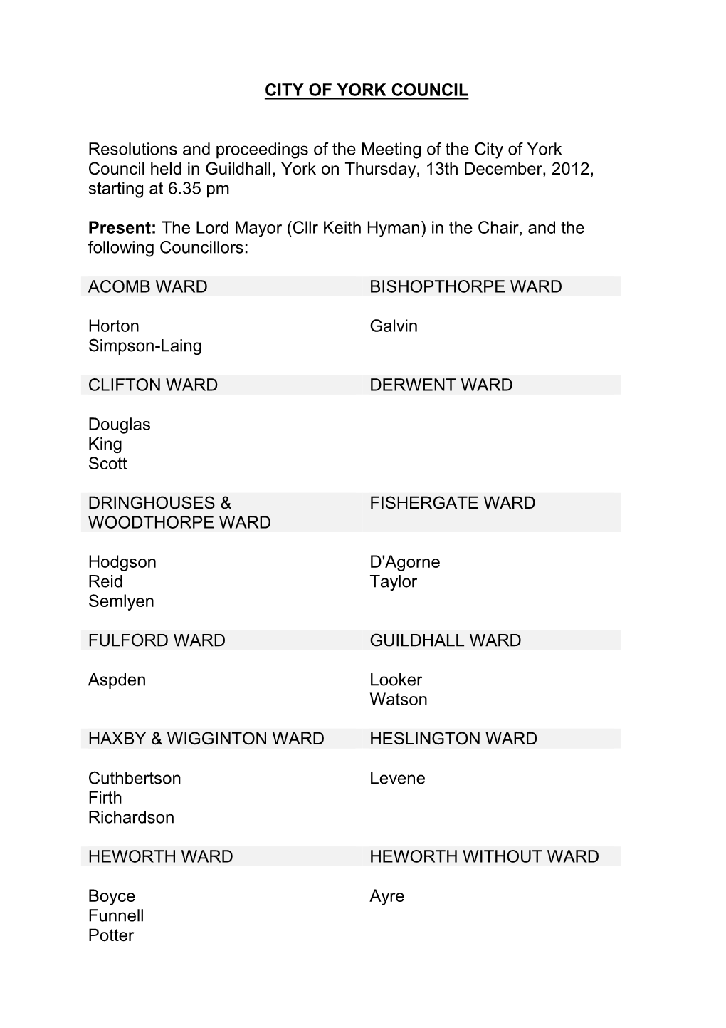 CITY of YORK COUNCIL Resolutions and Proceedings of the Meeting of the City of York Council Held in Guildhall, York on Thursday