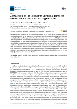 Comparison of Tab-To-Busbar Ultrasonic Joints for Electric Vehicle Li-Ion Battery Applications
