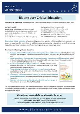 Bloomsbury Critical Education SERIES EDITOR: Peter Mayo, Department of Arts, Open Communities & Adult Education, University of Malta, Malta