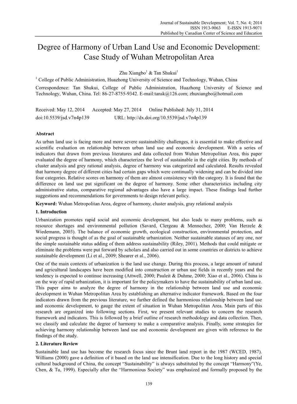 Degree of Harmony of Urban Land Use and Economic Development: Case Study of Wuhan Metropolitan Area