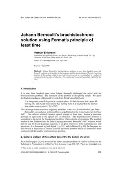 Johann Bernoulli's Brachistochrone Solution Using Fermat's Principle Of
