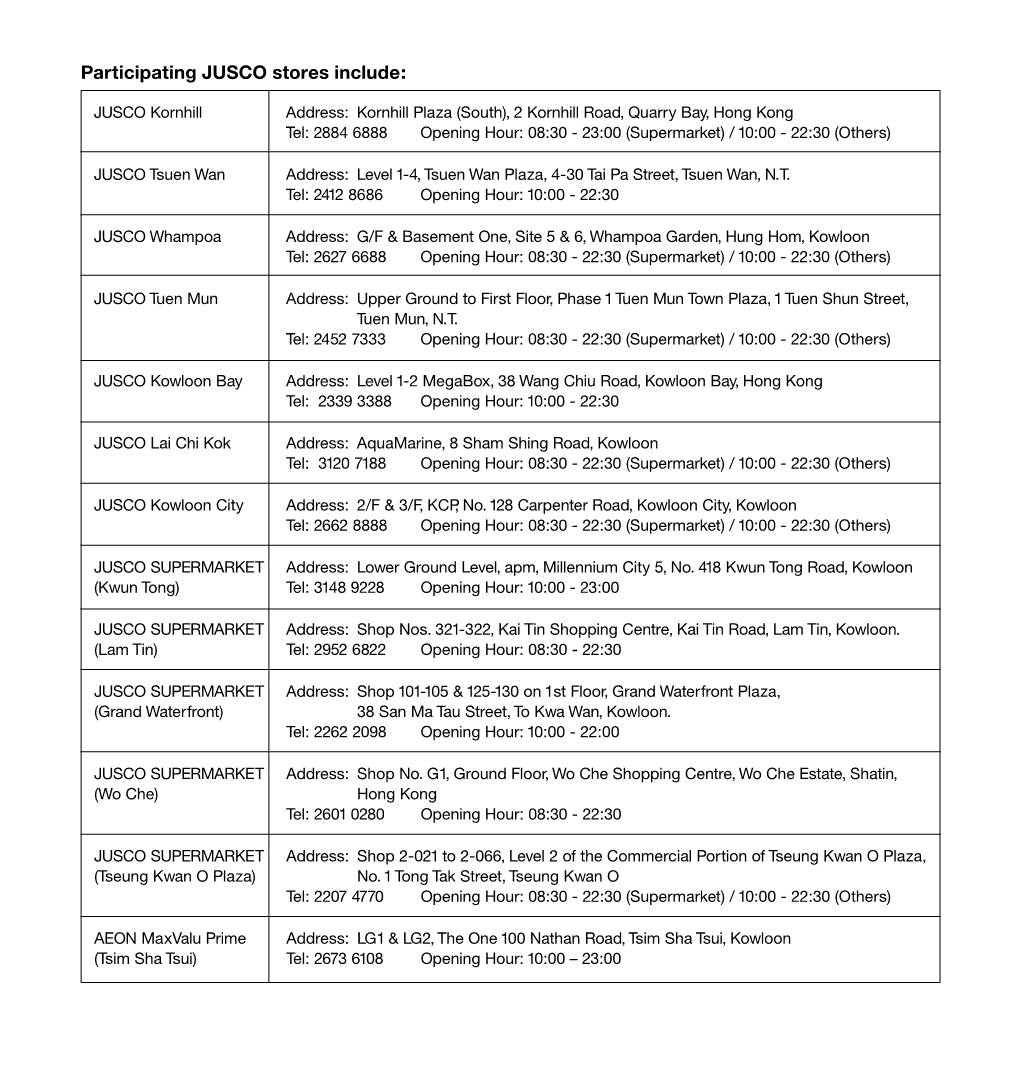 Participating JUSCO Stores Include