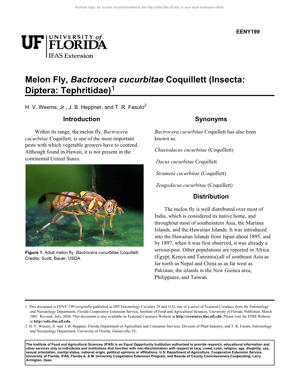 Melon Fly, Bactrocera Cucurbitae Coquillett (Insecta: Diptera: Tephritidae)1