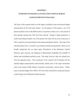 CHAPTER 3: OVERVIEW of POLITICAL EVENTS and NATIONAL BUDGET ANNOUNCEMENTS in MALAYSIA the Focus of This Research Study Is On