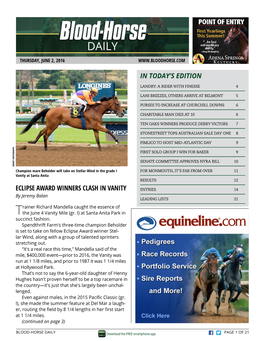 Eclipse Award Winners Clash in Vanity in Today's Edition