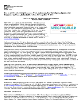 Due to an Overwhelming Response from Audiences, New York Spring Spectacular, Presented by Chase, Extends Show Run Through May 7, 2015