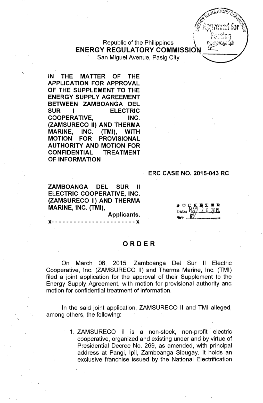 Order, ERC Case No. 2015-043 RC