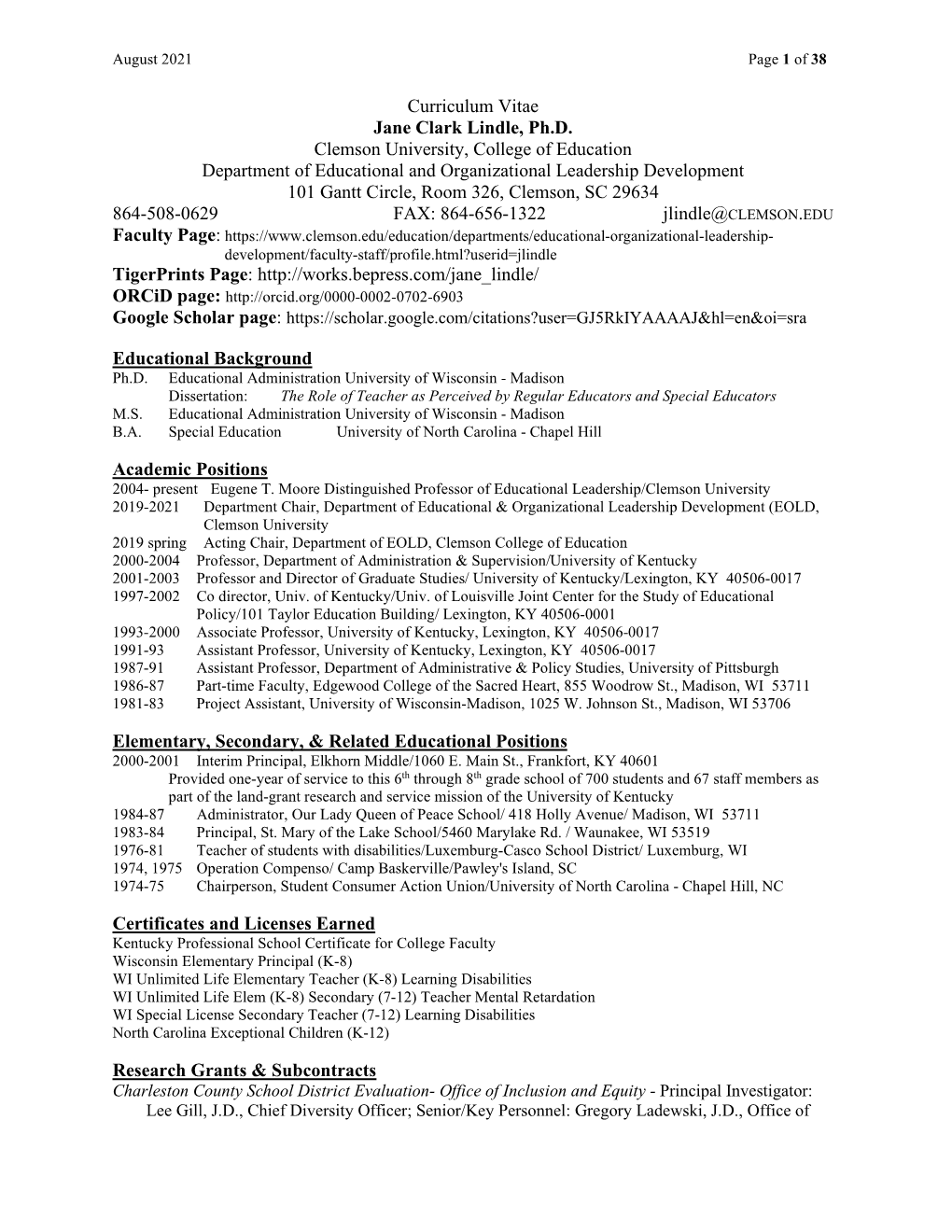 Curriculum Vitae Jane Clark Lindle, Ph.D. Clemson University, College of Education Department of Educational and Organizational