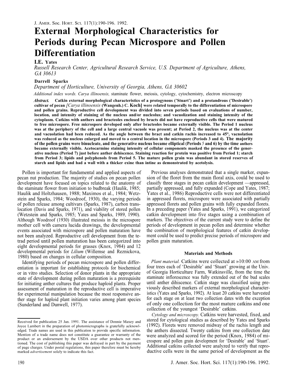 External Morphological Characteristics for Periods During Pecan Microspore and Pollen Differentiation I.E