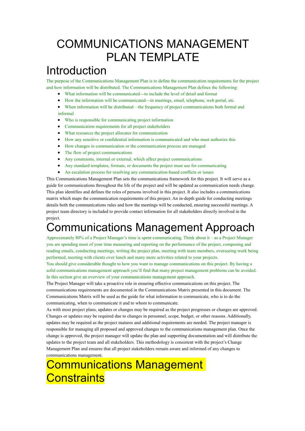 Communications Management Plan Template