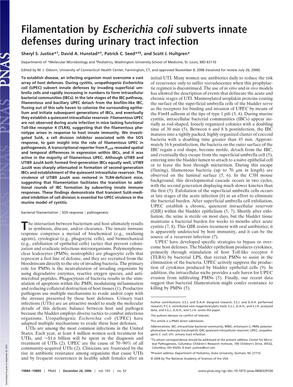 Filamentation by Escherichia Coli Subverts Innate Defenses During Urinary Tract Infection