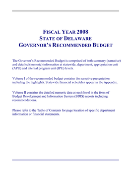 Fiscal Year 2008 State of Delaware Governor's