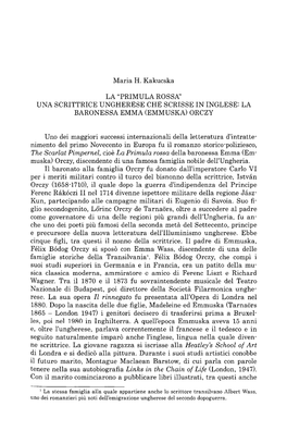 La "Primula Rossa" Una Scrittrice Ungherese Che Scrisse in Inglese: La Baronessa Emma (Emmuska) Orczy