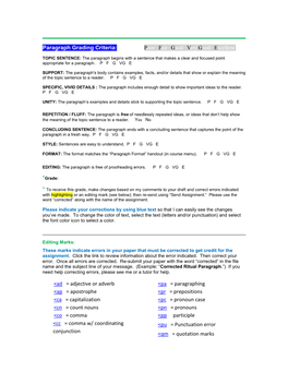 Paragraph Grading Criteria: Poor Fair Good Very Good Excellent