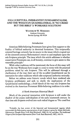 SOLA SCRIPTURA, INERRANTIST FUNDAMENTALISM, and the WESLEYAN QUADRILATERAL: IS "NOCREED but the Biblena WORKABLE SOLUTION?