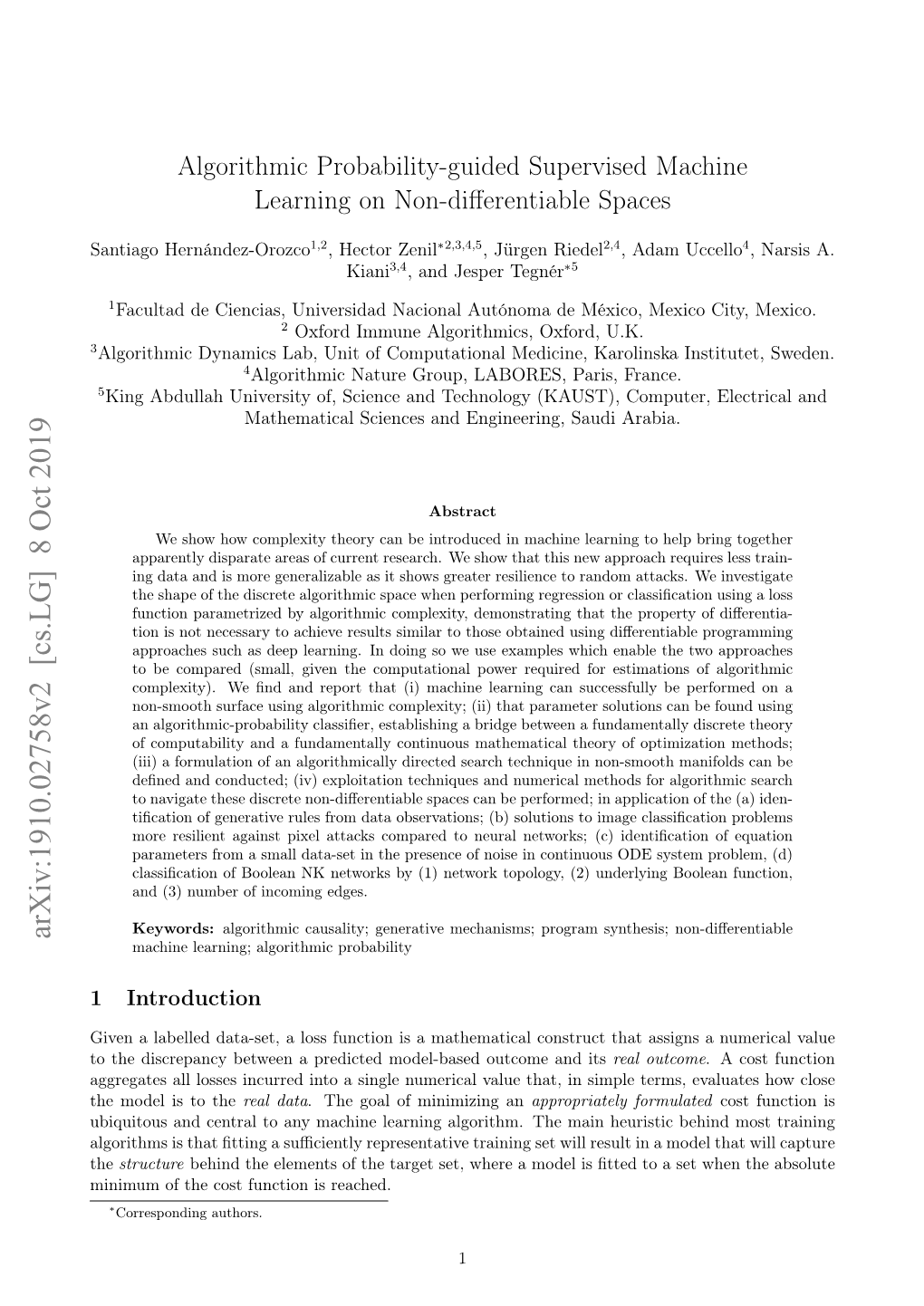 Algorithmic Probability-Guided Supervised Machine Learning on Non-Differentiable Spaces