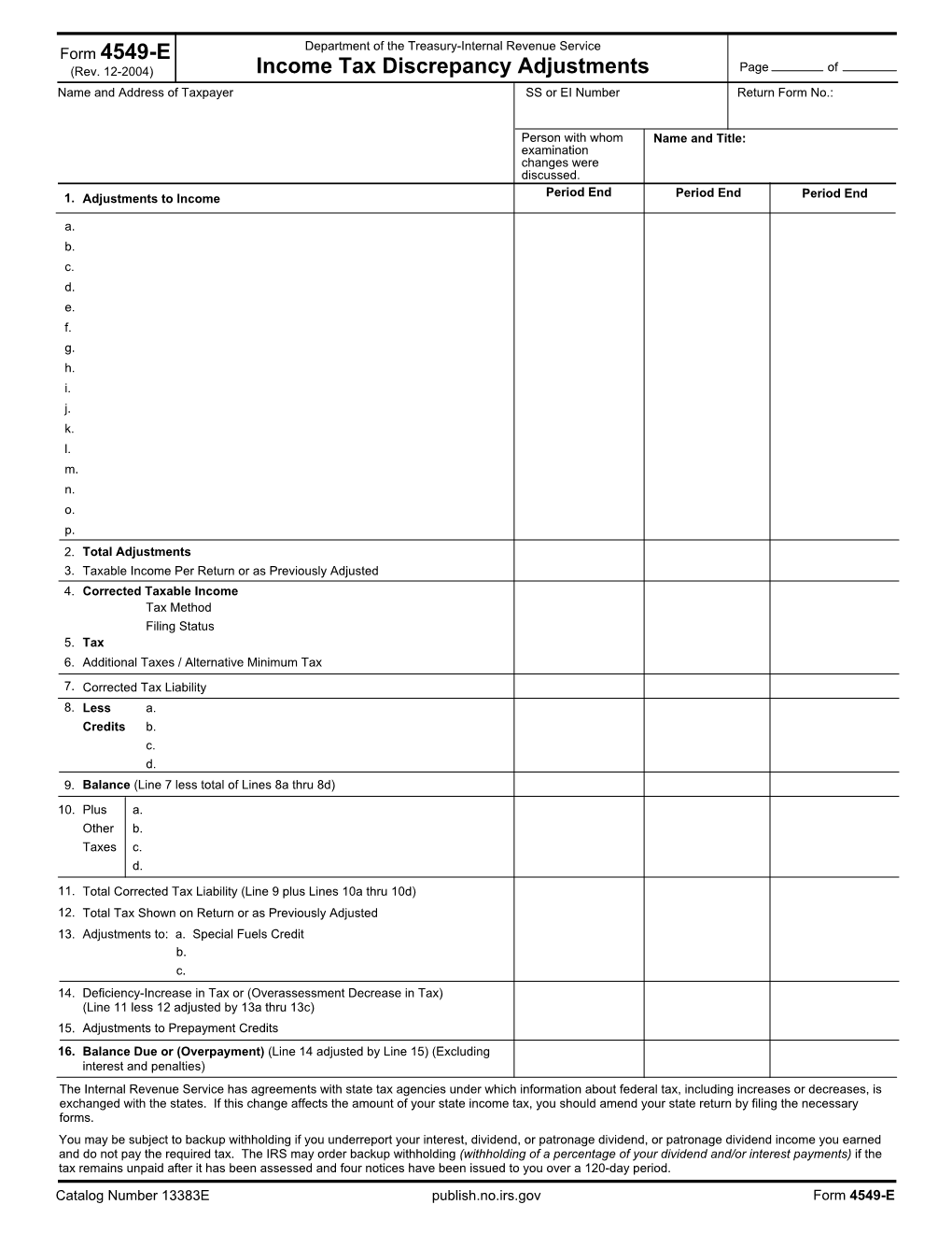 Form 4549-E Income Tax Discrepancy Adjustments