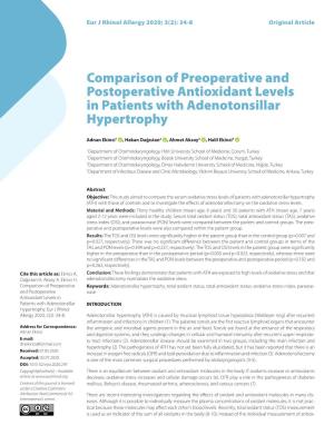 Comparison of Preoperative and Postoperative Antioxidant Levels in Patients with Adenotonsillar Hypertrophy