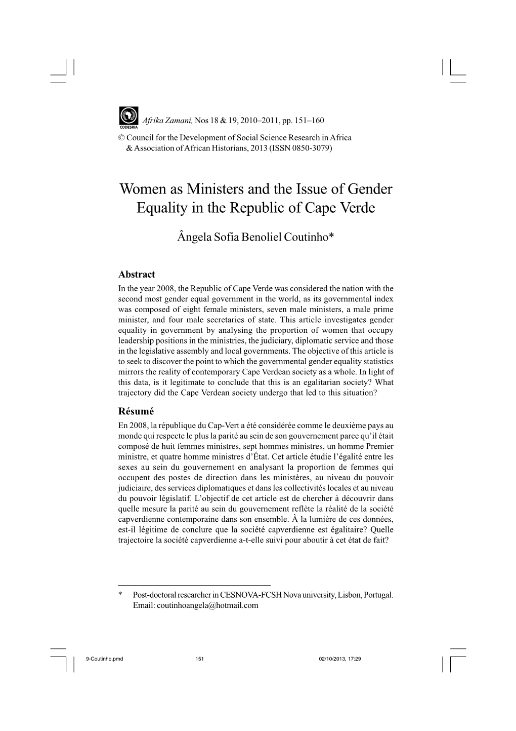 Women As Ministers and the Issue of Gender Equality in the Republic of Cape Verde