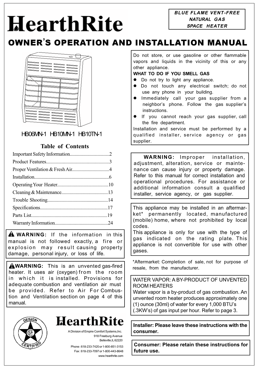 Owner's Operation and Installation Manual