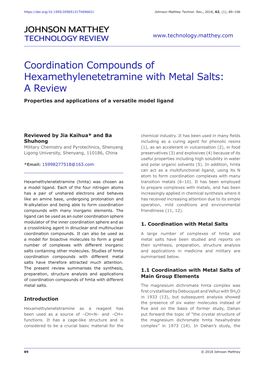 Coordination Compounds of Hexamethylenetetramine with Metal Salts: a Review Properties and Applications of a Versatile Model Ligand