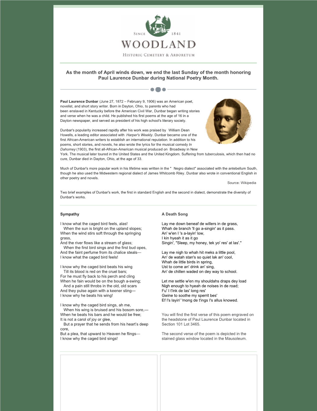 As the Month of April Winds Down, We End the Last Sunday of the Month Honoring Paul Laurence Dunbar During National Poetry Month