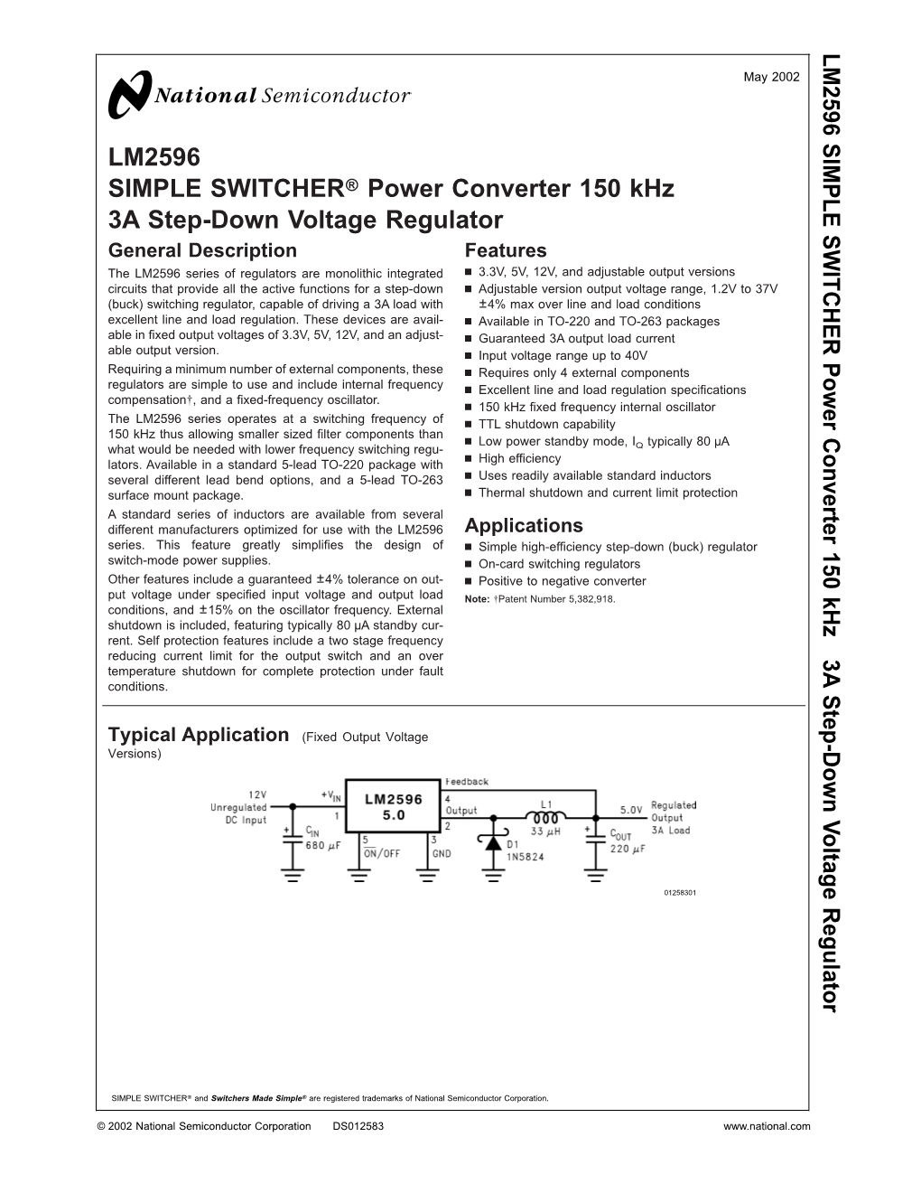 LM2596 SIMPLE SWITCHER Power Converter 150 Khz 3A Step-Down V