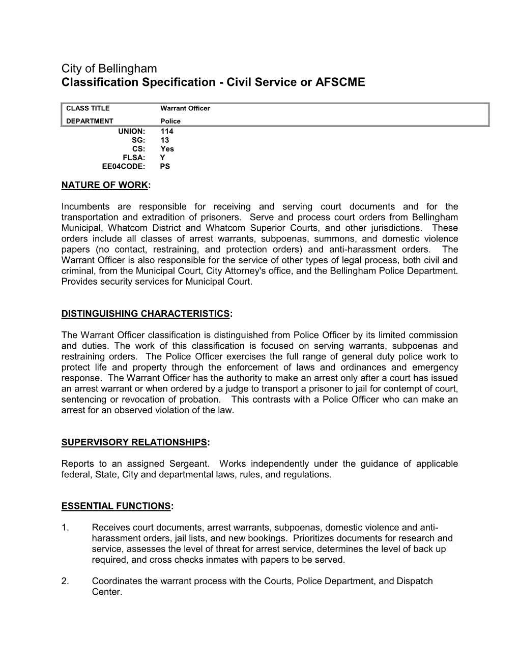 Job Classification: Warrant Officer