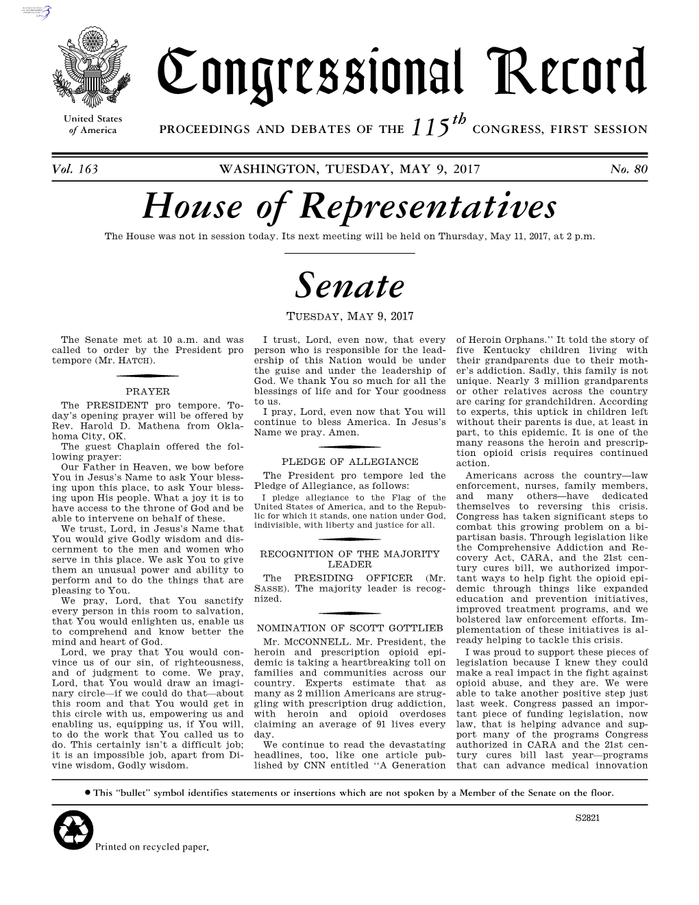 Congressional Record United States Th of America PROCEEDINGS and DEBATES of the 115 CONGRESS, FIRST SESSION