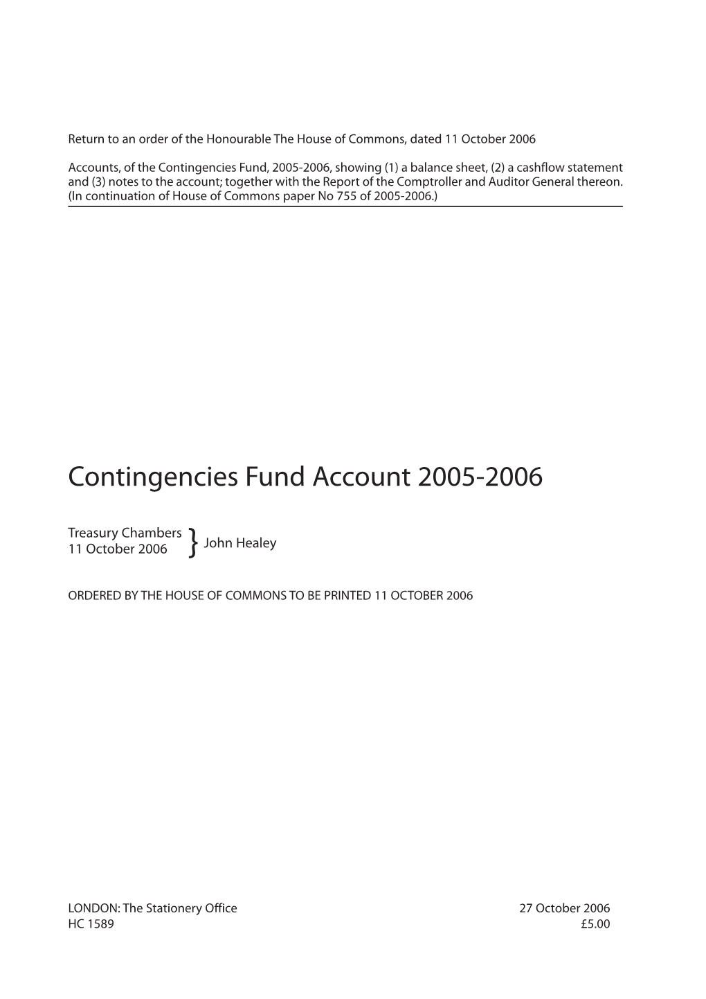 Contingencies Fund Account 2005-2006 HC 1589