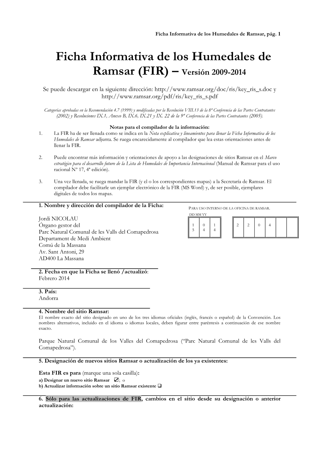 Ficha Informativa De Los Humedales De Ramsar (FIR) – Versión 2009-2014