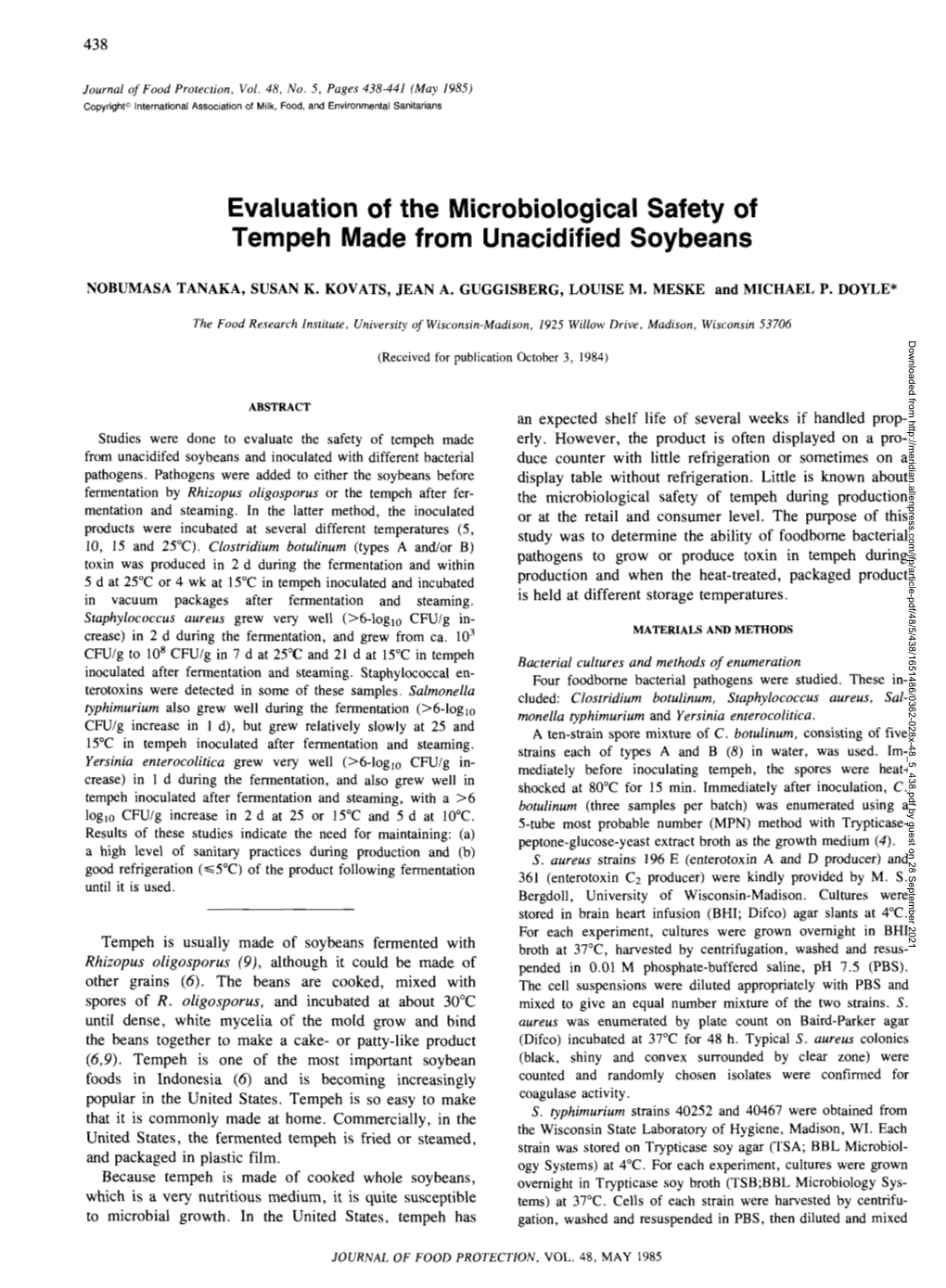 Evaluation of the Microbiological Safety of Tempeh Made from Unacidified Soybeans