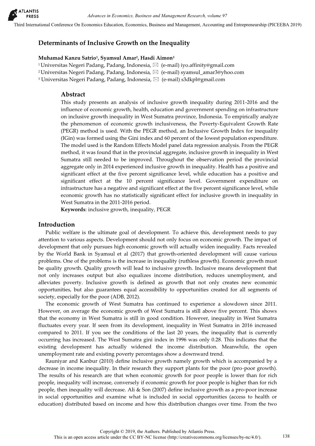 Determinants of Inclusive Growth on the Inequality Abstract Introduction