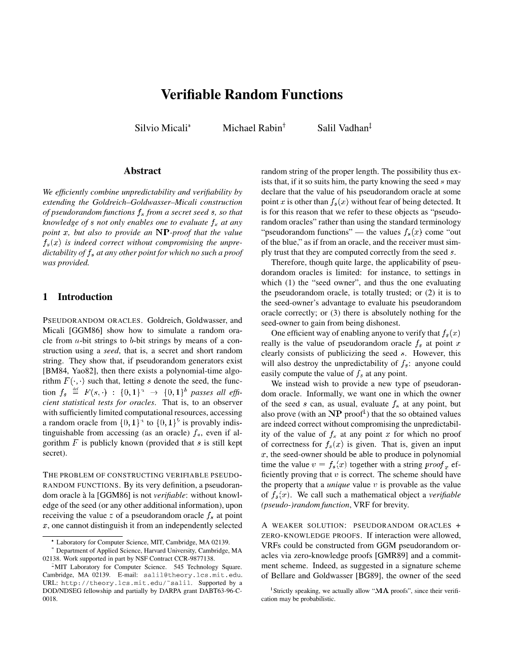 Verifiable Random Functions