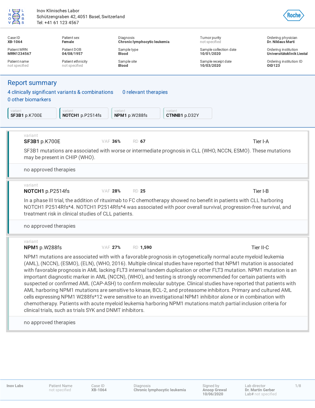 Report Summary 4 Clinically Signiﬁcant Variants & Combinations 0 Relevant Therapies 0 Other Biomarkers