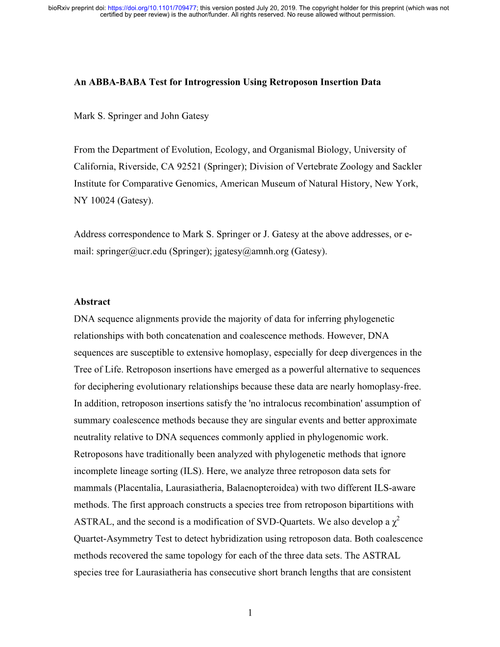 1 an ABBA-BABA Test for Introgression Using Retroposon