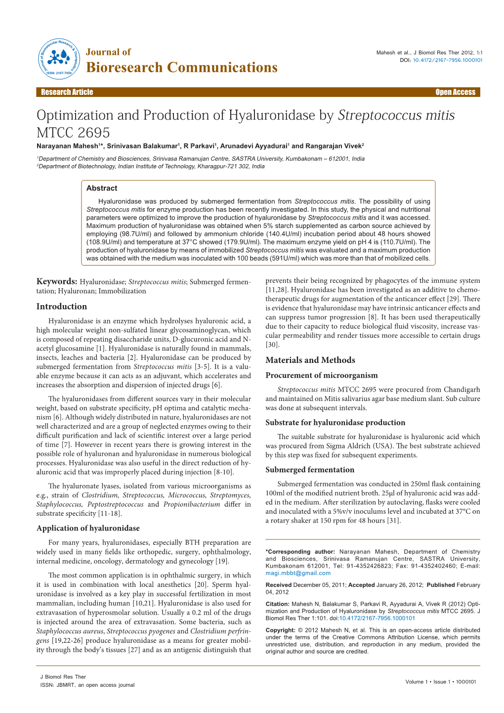 Optimization and Production of Hyaluronidase by Streptococcus