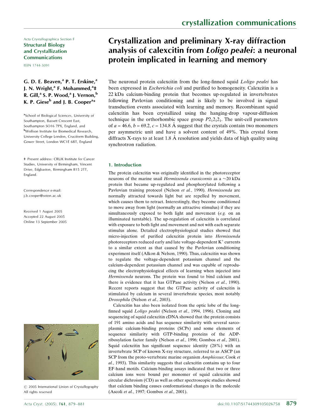 Crystallization and Preliminary X-Ray Diffraction Analysis of Calexcitin From