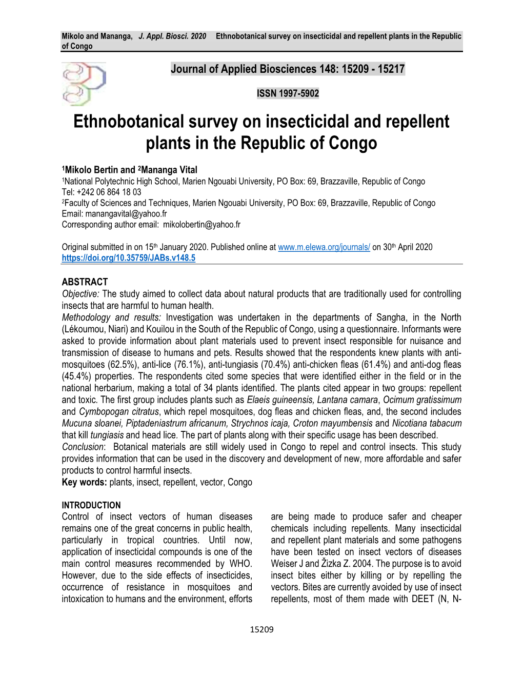 Ethnobotanical Survey on Insecticidal and Repellent Plants in the Republic of Congo