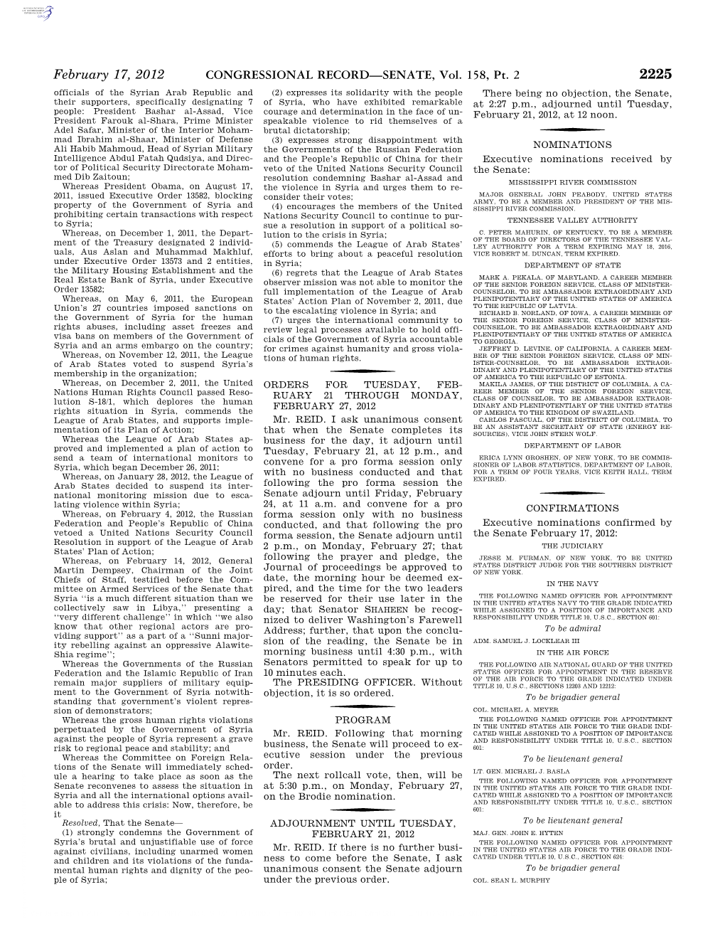 CONGRESSIONAL RECORD—SENATE, Vol. 158, Pt. 2 February 17, 2012