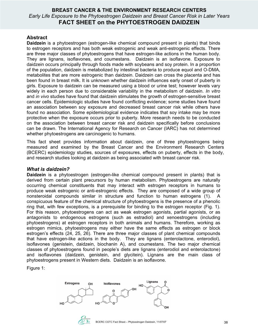 Daidzein and Breast Cancer Risk in Later Years FACT SHEET on the PHYTOESTROGEN DAIDZEIN