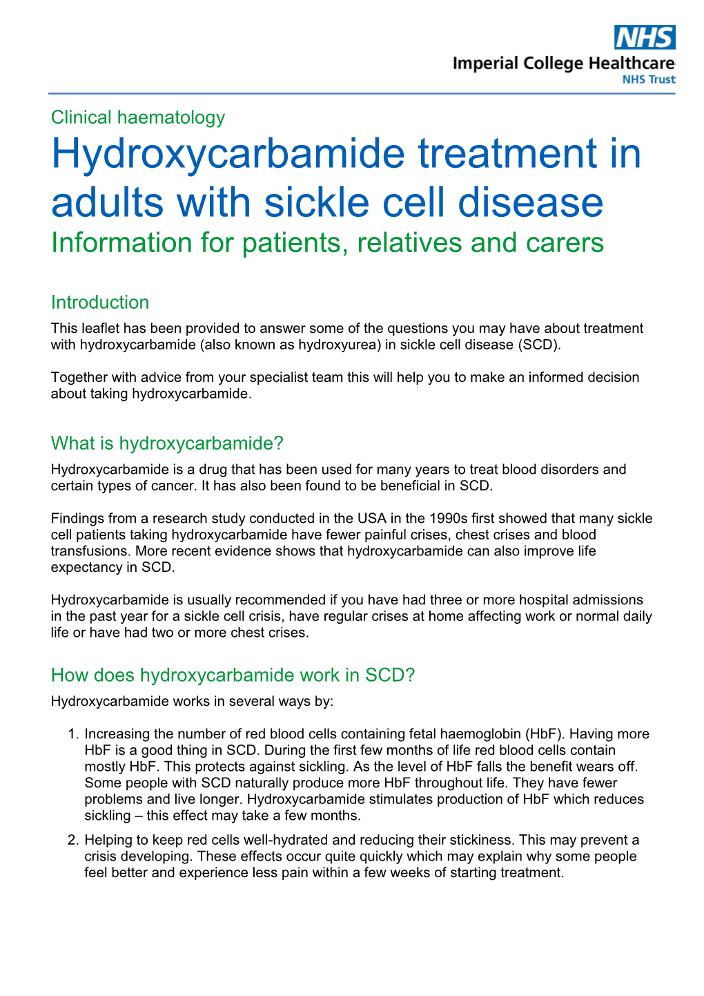 Hydroxycarbamide Treatment in Adults with Sickle Cell Disease (SCD)