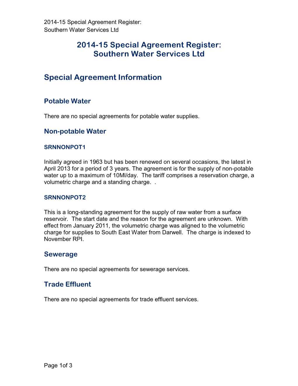 Southern Water Services Ltd Special Agreement Information