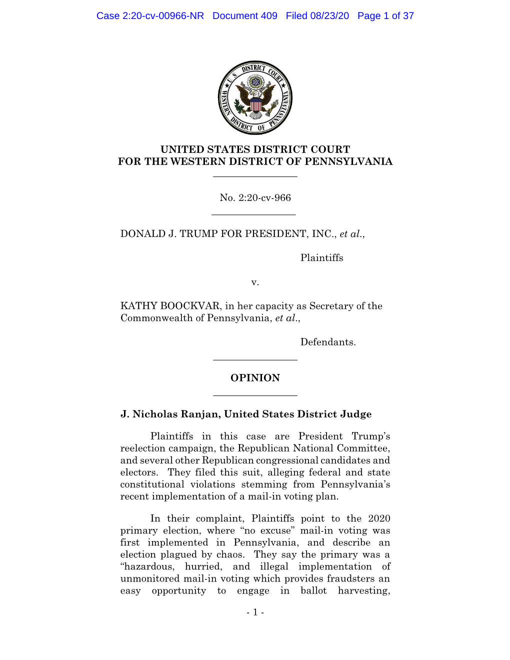 Case 2:20-Cv-00966-NR Document 409 Filed 08/23/20 Page 1 of 37