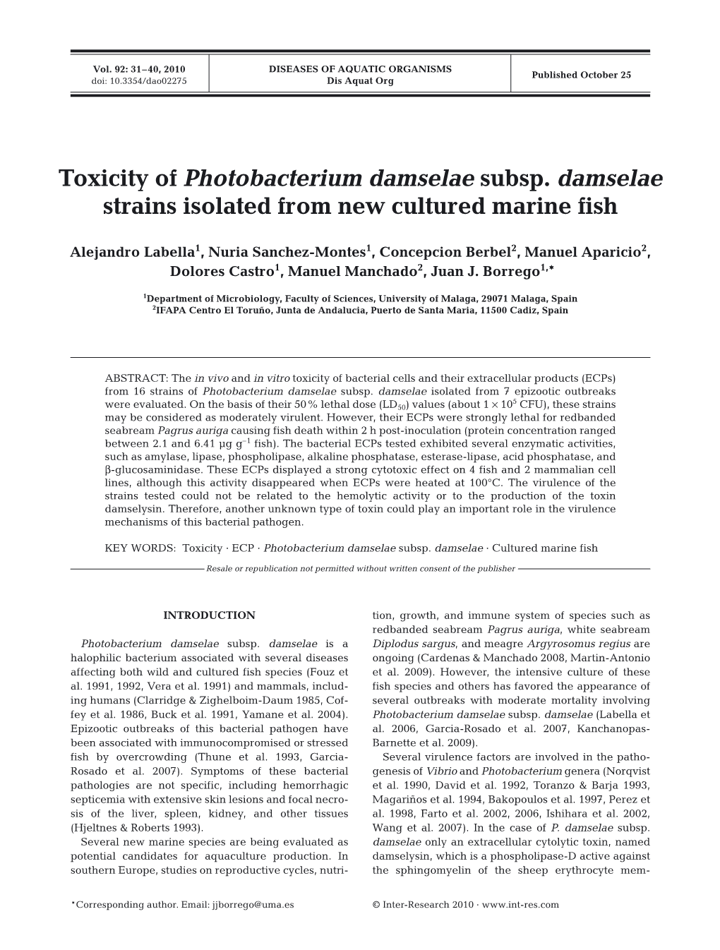 Toxicity of Photobacterium Damselae Subsp. Damselae Strains Isolated from New Cultured Marine Fish